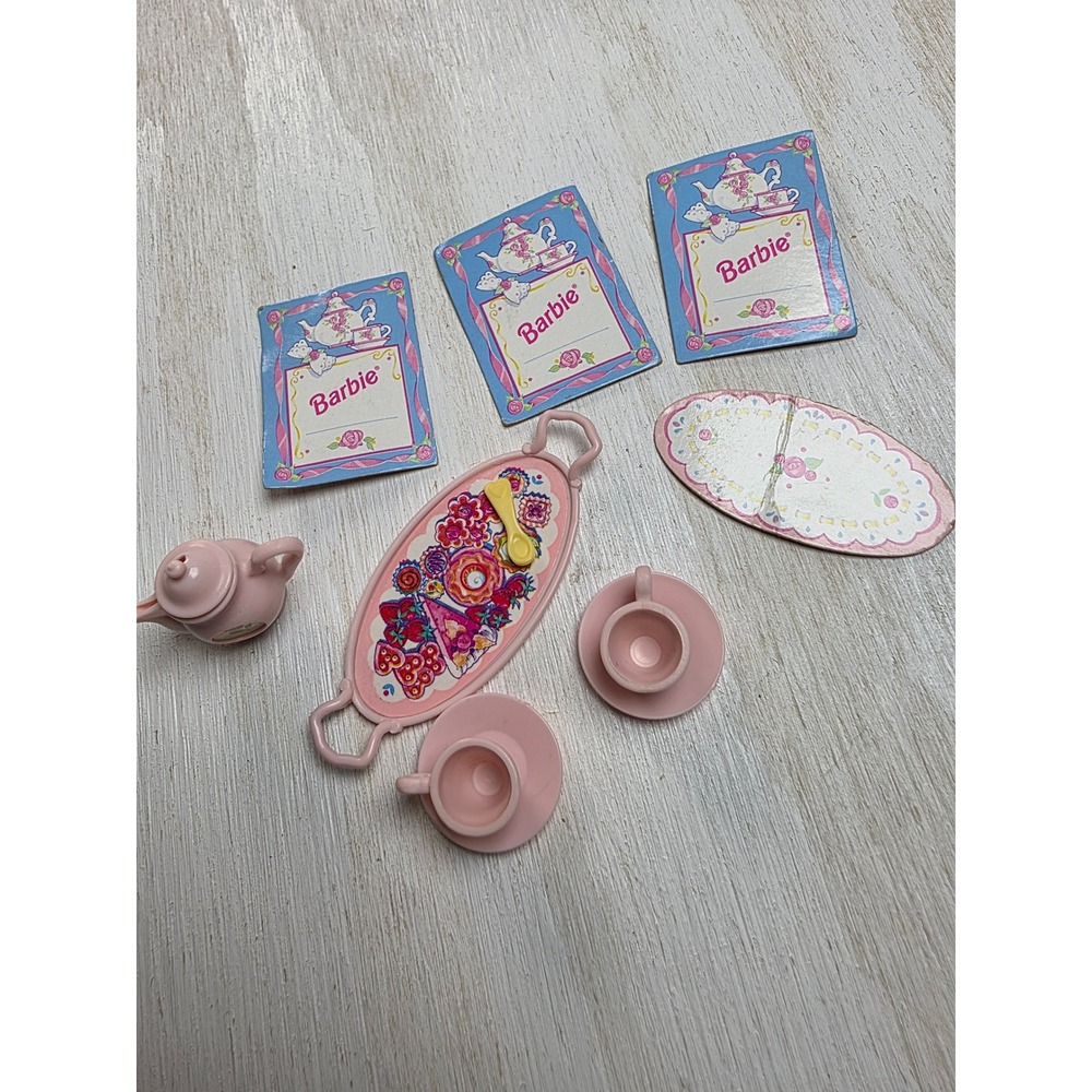 Vintage 1995 Barbie Tea Party Set Mattel Pink Floral Teapot Tray Y2K Cottagecore